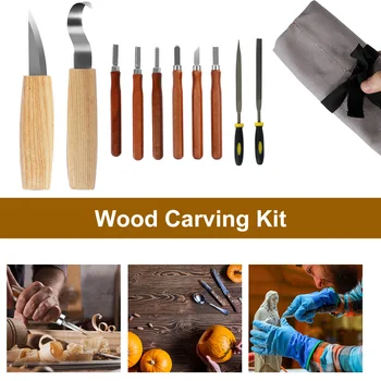 10Pcs дърворезба инструменти дървена дръжка дърворезба Кътър комплект със защитно покритие ръка дърво Whittling Kit Sharp хром ванадий