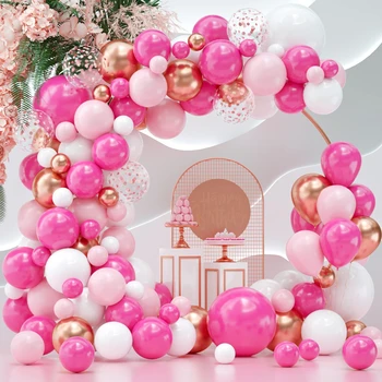 114Pcs горещо розово бяло металик розово злато конфети латекс балон венец арка комплект за рожден ден бебе душ парти декорация
