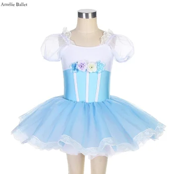 19801 Нови буфан ръкави Sky Blue Spandex трико рокля Детски танцов костюм за момичета Сценично изпълнение Балерина танцово облекло