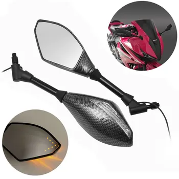 1Pair Carbon Fibe светлини странични огледала с LED огледало за обратно виждане на мотоциклет за Honda CBR Suzuki Yamaha Ducati