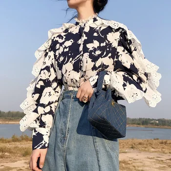 2020 Лято нова мода флорални блузи за жени къдри дантела дълъг ръкав ризи дами реколта върховете