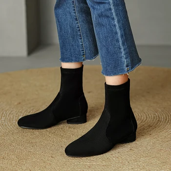 2022 Модни дамски ботуши изкуствена велур дебели нисък ток глезена ботуши заострени пръсти цип пролет есен дамски обувки черни ботуши