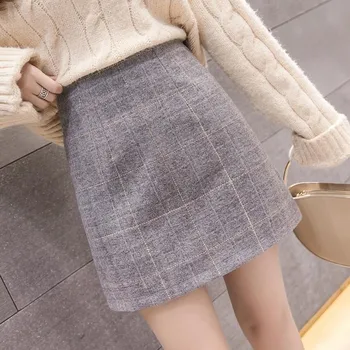 2023 Ново пристигане корейски стил висока талия тънък годни дамски каре вълнена мода проста линия пола молив пола