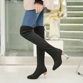 2023 Плюс размер обувки за жени страничен цип жените над коляното ботуши заострени пръсти петата висок ток дамски ботуши мода женски ботуши
