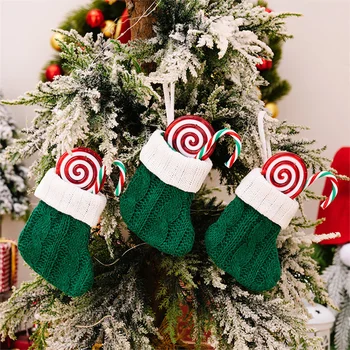 2024 Коледна украса Зелен плетен чорап мини коледни чорапи висулка коледно дърво висящи орнаменти Весела Коледа Ноел подарък