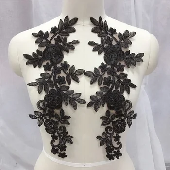 2Pcs Шевни дантелени тъкани 14X35cm бели черни кръпки бродерия цвете голяма дантела апликация за сватбена рокля булчинска рокля