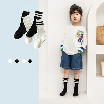 4 Pair/set Kids Boy Girl School Sock Korean Fashion Simplicity Solid Color Striped Calf Sock for Toddler Four Season Cotton Sock