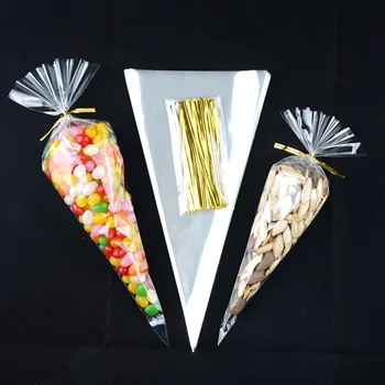 50Pcs DIY бонбони чанта сватба благоприятства рожден ден парти декорация сладък целофан прозрачен конус съхранение с органза торбички