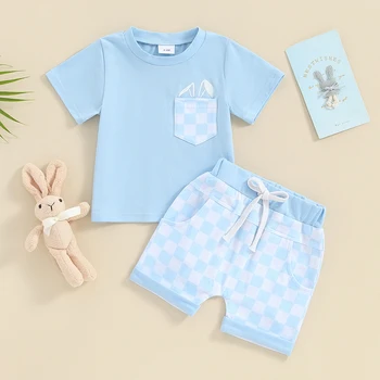 Baby Boy летни дрехи комплект шахматна дъска къс ръкав великденски печат тениска с карирани шорти малко дете бебе облекло