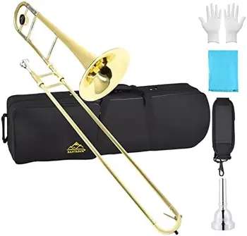 Bb тенор слайд тромбон месингов музикален инструмент с твърд калъф, мундщук, ръкавици, почистваща кърпа за професионални начинаещи Stu