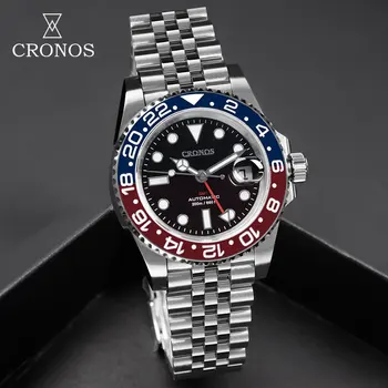 CRONOS Мъжки водолазен часовник Сапфирен кристал 20Bar водоустойчив NH34 Автоматичен механичен GMT спортен часовник двупосочен панел