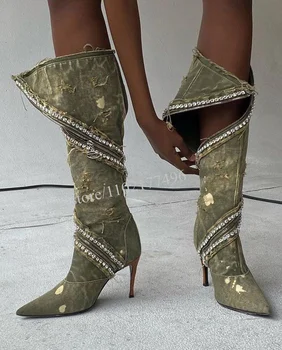 Camel Stiletto ботуши Bling цип метал инкрустирани жени плат ресни дизайн луксозни високи токчета ботуши посочи пръсти зимни секси обувки