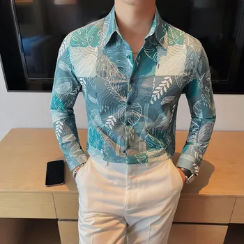 Camisas De Hombre Висококачествена мъжка риза Корейско луксозно облекло Slim Fit Флорални ризи с дълъг ръкав за мъже Блузи с голям размер