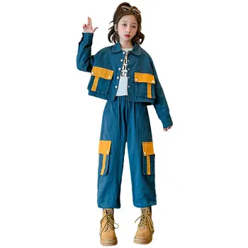 Cool мода момичета облекло комплекти нова есен корейски товарни екипировки 100% памук яке + панталони 2бр костюми деца високо качество анцуг