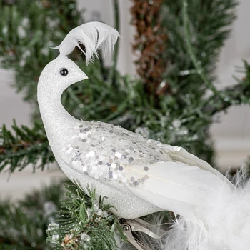D0AD Симулация Пауни с дълга опашка Коледна украса Фигурка на птица Реалистични естествени пера Дърво висящи орнаменти