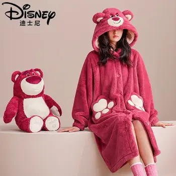 Disney Нова ягодова мечка жени пижами нова карикатура с качулка зимно нощно облекло дебел корал кадифе kawaii двойка спално облекло