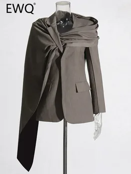 EWQ мода елегантен блейзър палто за жени дълъг ръкав джобове пачуърк шал блейзъри костюм яке 2023 есен зима нов SN4598