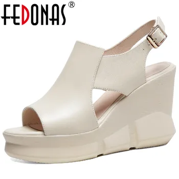 FEDONAS 2023 Ново пристигане Дамски сандали Peep Toe платформи клинове Токчета Обувки от естествена кожа Жена Пролетно лятно модно парти
