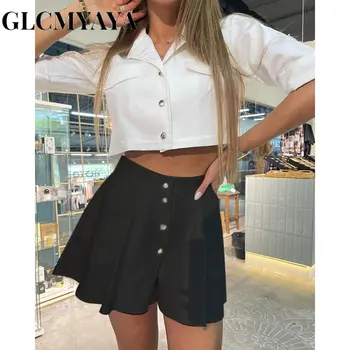 GLCMYAYA Улично облекло Ежедневни жени LOOSE бутон ластик широк крак панталони шорти 2023 лятна мода леки стреч шорти
