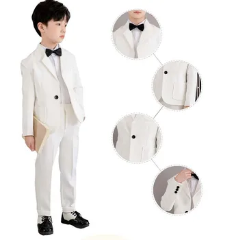 Gentleman Kids White baptism Jacket Pants Bowtie 3PS Photo Suit Children Birthday Performance Dress Boys Host Groom Set