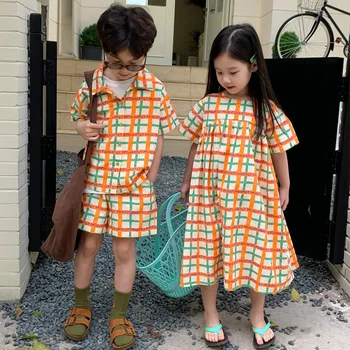 Girls' Casual Dress Summer Casual Checker Print Short Sleeve Dress Boys' Checker Set 2023