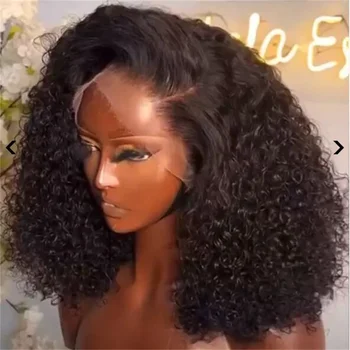 Glueless Long 26 инча 180% плътност мека предварително оскубана черен цвят извратени къдрава дантела фронт перука влакна за черни жени с бебешка коса