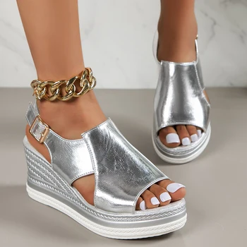 Gold Silver PU кожени клин сандали за жени 2023 Лято Peep Toe платформа Sandles жена плюс размер дебела подметка Sandalias Mujer