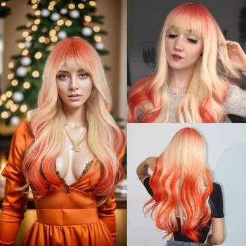 HAIRCUBE оранжеви и руси Omber перуки за жени дълга вълнообразна коса с бретон синтетични перуки коледно парти топлоустойчиви влакна