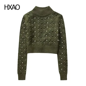HXAO Backless пуловер жени перла изрязани кашмир пуловер дълъг ръкав джъмпери изрязване плета пуловери реколта зелено ново в трикотаж