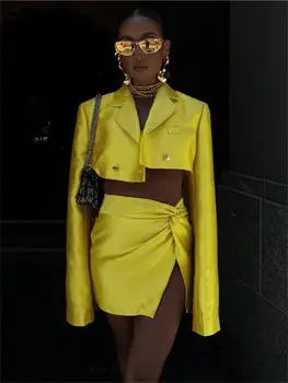Habbris жълт ботон костюм палто плисирана мини пола комплект парти клуб екипировки за жени 2023 дълъг ръкав 2 две части пола комплект костюм