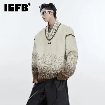 IEFB мода мъжки пуловер градиент v-образно деколте силует пуловери хлабав извънгабаритни контраст цвят трикотаж тенденция 2023 нов 9C3304