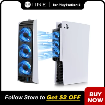 IINE PS5 Температурно контролиран вентилатор за охлаждане Подобрен охладителен вентилатор с USB3.0 хъбове, съвместим с PS5 Disc & Digital Edition