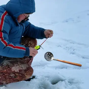 Ice риболов скимер лъжичка аксесоар дърво дръжка назъбени дизайн инструмент преносим многофункционален лед лъжичка риболов черпак за зимата