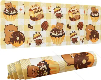 Kawaii Bear Gaming Mouse Pad Large Bear Chocolate Donut Mouse Pad Orange Yellow XL Kawaii Bear Decor Accessories 31.5 x 11.8 In