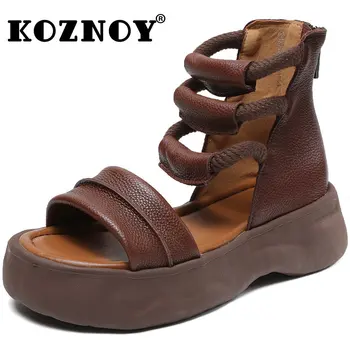 Koznoy 5cm крава естествена естествена кожа гореща продажба летни жени сандали платформа удобен Peep Toe мода дами гумени цип обувки