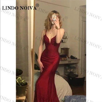 LINDO NOIVA Абитуриентски рокли с червена русалка 2023 Спагети презрамки плисета Дължина на пода Официално парти Вечерна рокля Сатен Секси вестидос