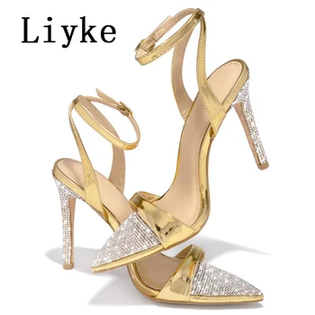 Liyke мода блясък кристали дами високи токчета секси сандали лято кристал заострени пръсти парти сватба стриптизьорка обувки жени