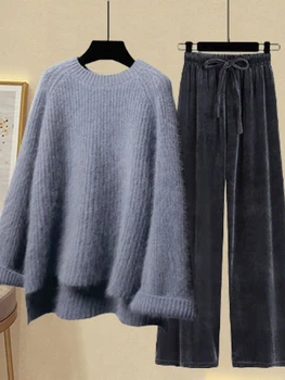 Lnsozkdg плетени 2 парчета комплект жени панталони комплекти зимата хлабав твърд пуловер пуловери и широк крак глезена дължина случайни женски костюми