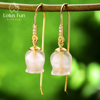 Lotus Fun Real 925 Сребърни естествени кристални обеци Фини бижута 18K Gold Fresh Bell Orchid Drop Обеци за жени подарък