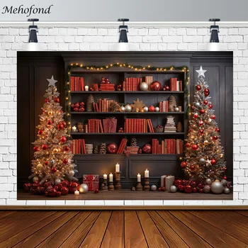 Mehofond Коледен фон Червен модерен декор за книги Коледно дърво Семеен портрет Фотофон Фото студио Photocall подпори