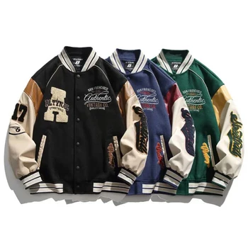 Mens Street Jacket Flocked Retro Baseball Uniform Autumn And Winter Casual Loose Versatile Letter Style Trendy Coat For Couple