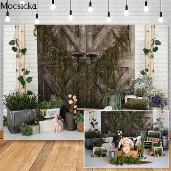 Mocsick пролет Великден градина Photobooth фон за фото студио Photocall реколта врата зайче цвете декори декори декори