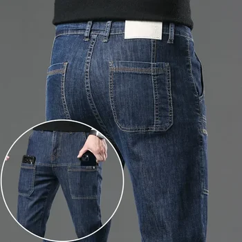 Multi Pocket Fashion Slim Jeans Men Straight Skinny High Street Casual Male Blue Black Grey Classic Denim Trousers