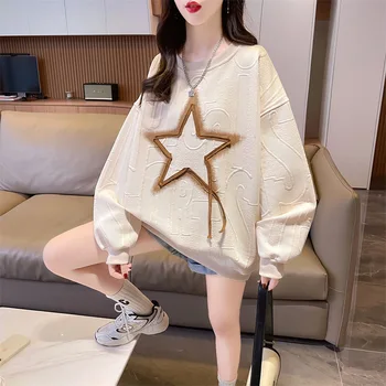 OUSLEE Корейска версия Дамски суитчър Петолъчна звезда 3D модел Casual Female Pullover 2023 Есен Извънгабаритни Всички мач отгоре