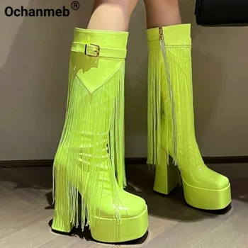 Ochanmeb жени ярки неонови зелени коляното ботуши шик пискюл супер висок ток колан ключалката ботуши готически цип плюс размер 46 обувки жена