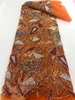 OrangeНай-продавани Ново пристигане Френски нигерийски Shinny пайети мъниста дантела плат 21JRB-5701 бродирани дама шоу или парти рокля
