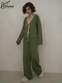 Oymimi Елегантни зелени памучни комплекти за жени 2 парчета мода дълъг ръкав дантела нагоре ризи и висока талия прави панталони комплекти