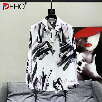 PFHQ 2023 Лято нова мода нередовни печат ризи за мъже завой-надолу яка дълъг ръкав хлабав мъжки блуза облекло 21F3437