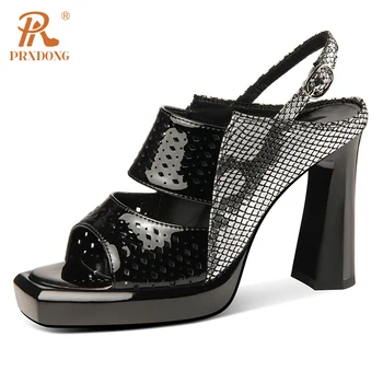 PRXDONG Нова марка естествена кожа буци високи токчета платформа летни сандали черно бяла рокля парти сватба дама помпи размер 39