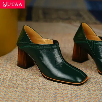 QUTAA 2022 Квадратни пръсти квадратни високи токчета висококачествени женски обувки от естествена кожа пролетна есенна рокля жени помпи размер 34-39